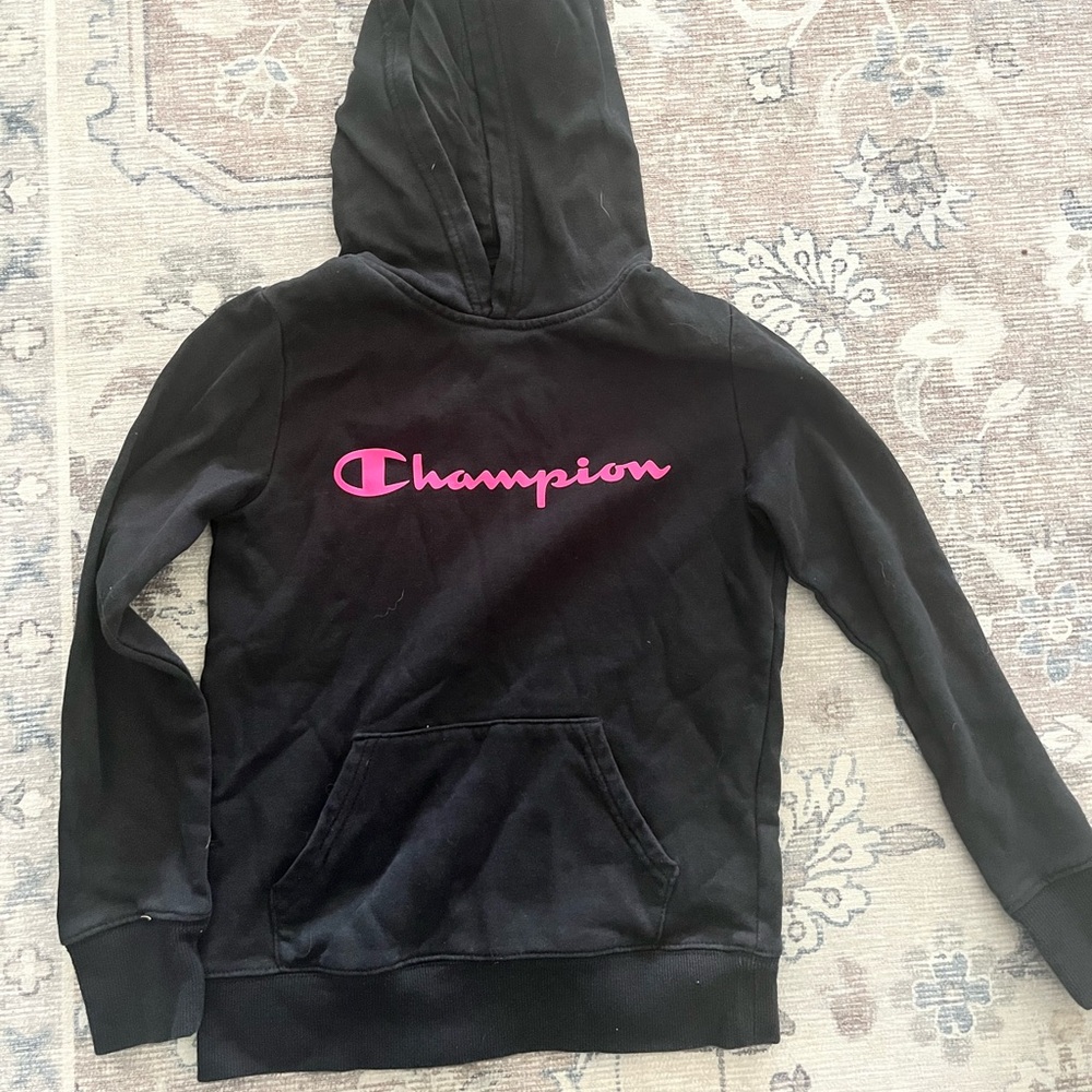 Champion Black Hoodie with Pink Logo